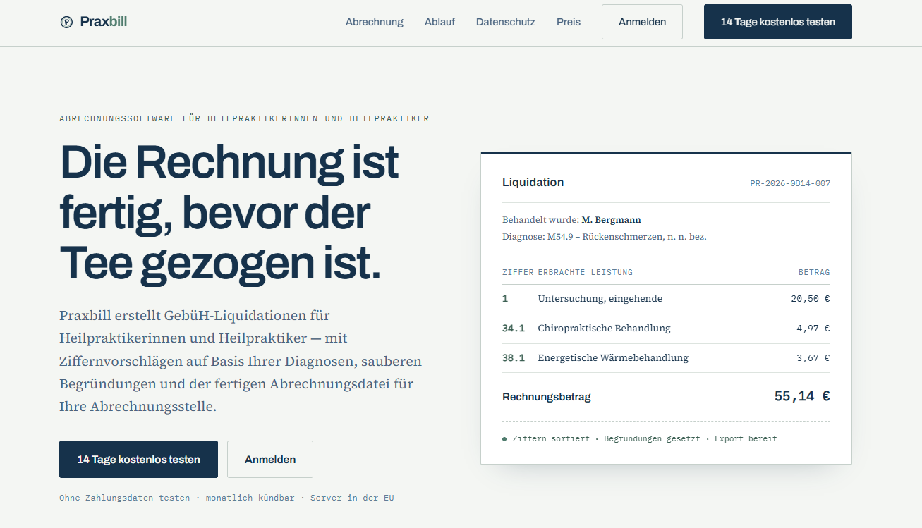 Praxbill Startseite mit Beispiel-Liquidation